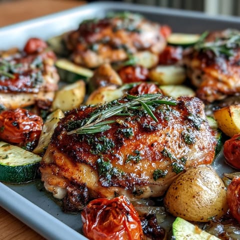 A colorful sheet pan meal with Mediterranean chicken, roasted zucchini, and lemon-herb potatoes.  