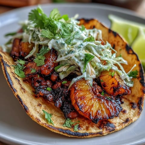 Vibrant tropical tacos featuring sweet pineapple, savory black beans, and zesty coconut lime slaw, perfect for a fresh vegan meal.  