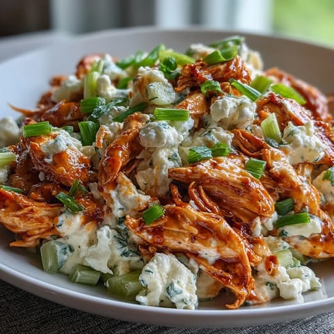 A vibrant buffalo chicken salad with cottage cheese, creamy buffalo dressing, and crunchy vegetables for a zesty, protein-rich lunch.