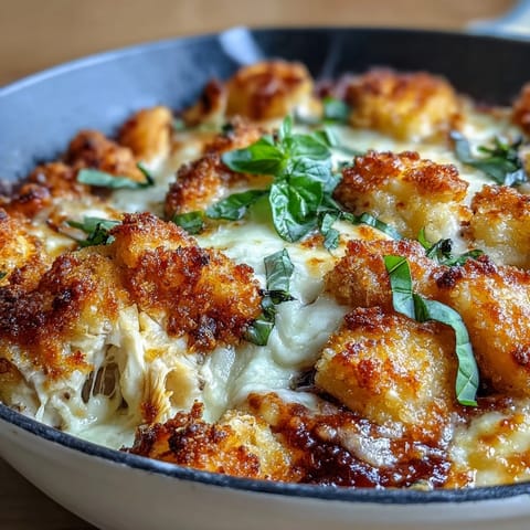 Crispy, cheesy Chicken Parmesan Gnocchi served in an oven-safe skillet, topped with golden panko crumbs and fresh basil for extra flavor.  