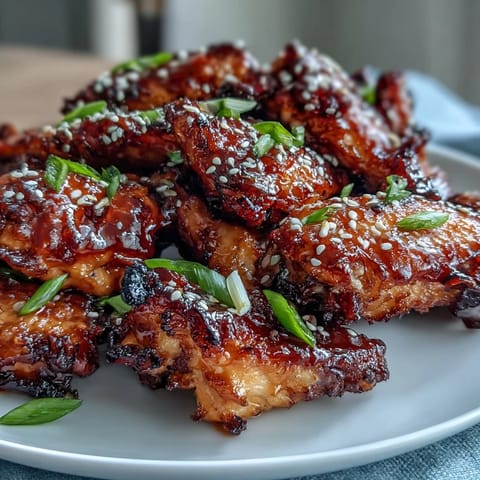 Crispy air fryer Asian chicken wings glazed in sticky honey garlic sauce, garnished with sesame seeds and green onions.  
