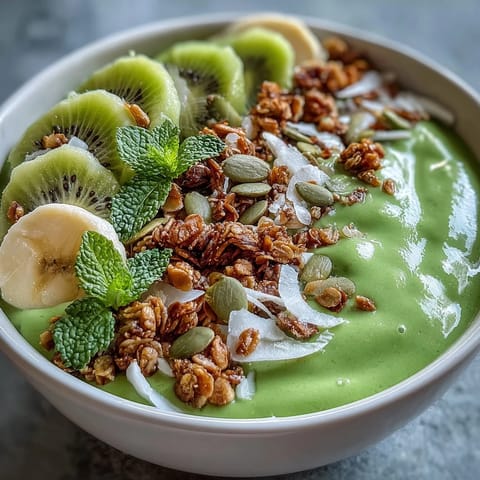 Creamy Shamrock Green Smoothie Bowl with Kiwi and Spinach, featuring a thick, nutrient-packed base and crunchy toppings like coconut and pumpkin seeds.  
