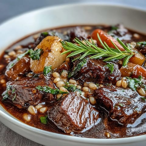 Hearty one-pot Guinness beef and barley stew with tender beef, root vegetables, and rich stout broth.  
