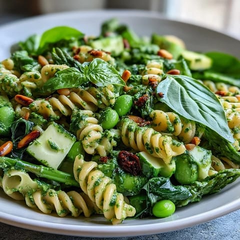 Spring Green Goddess Pasta Salad with Peas and Herbs in a large white bowl, garnished with toasted pine nuts and fresh herbs, surrounded by fresh spring vegetables and a creamy green goddess dressing on a rustic wooden table.
