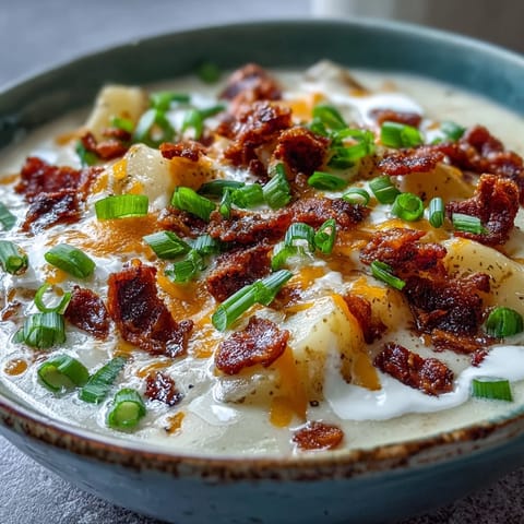 Warm bowl of lightened-up potato soup topped with melted cheddar, crispy turkey bacon, and fresh green onions.  