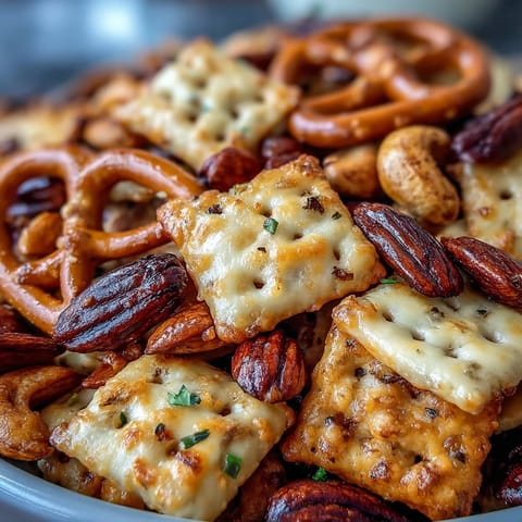 Golden sourdough Cheez-Its snack mix with crunchy pretzels, roasted nuts, and melted cheese crackers in a savory blend.