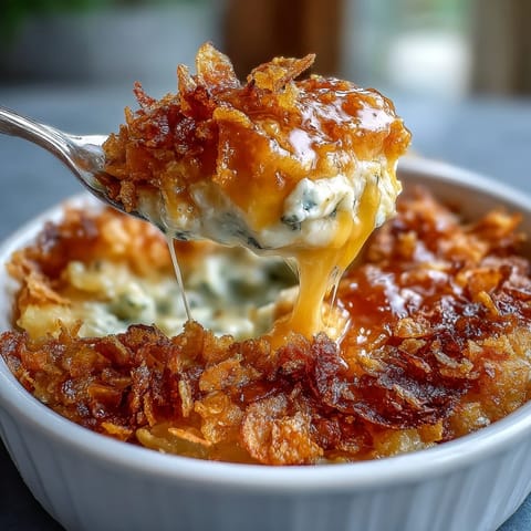 Cheesy funeral potatoes casserole with golden crispy cornflake and cheddar crust, perfect for potlucks or family gatherings.  