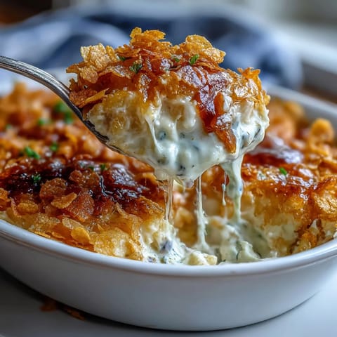 Warm, comforting funeral potatoes baked with creamy sauce and topped with crunchy cornflake-cheddar crust, ideal for holiday meals.  