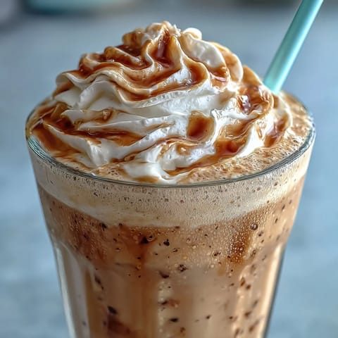 A creamy Vanilla Bean Coconut Frappuccino Mocktail with whipped coconut cream and toasted coconut flakes, served in a tall glass with a straw.