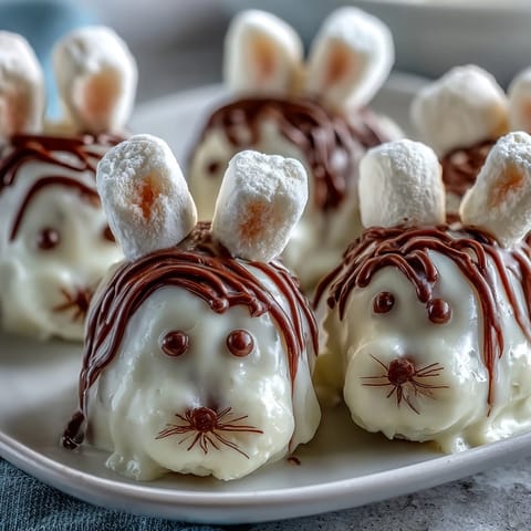 Festive strawberry bunny treats with chocolate drizzle, featuring marshmallow ears and candy eyes for a fun Easter dessert.  