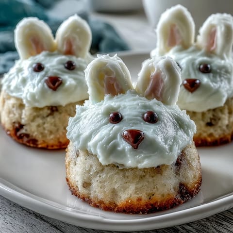 Sweet mini Easter bunny cakes with fluffy vanilla buttercream, decorated with marshmallows and candy for a festive holiday dessert.