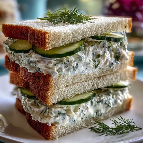 Elegant Benedictine tea sandwiches with creamy cucumber spread on soft white and wheat bread, garnished with fresh dill sprigs.