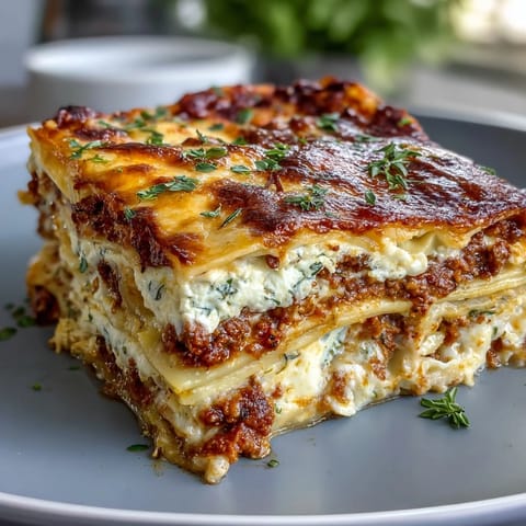 Ultimate Comfort Food Lasagna with Ricotta: A bubbling casserole of tender noodles layered with savory meat sauce, creamy ricotta, and melted mozzarella, fresh from the oven.