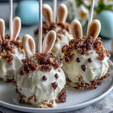 Easter Bunny Cake Pops with White Chocolate Coating: adorable bunny-shaped cake pops with creamy white chocolate coating and candy details.  