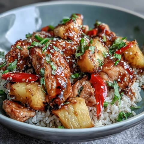 A golden pineapple chicken and rice bake with juicy chicken, sweet pineapple, and teriyaki glaze in a casserole dish.