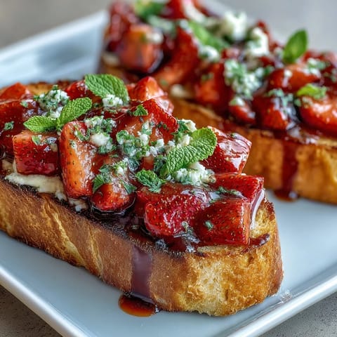 Fresh strawberry bruschetta with balsamic and mint served on golden toasted baguette slices, perfect for summer entertaining or a light appetizer.