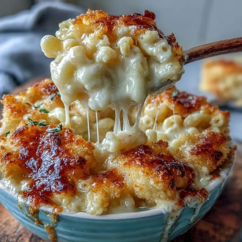 Golden-baked Southern mac and cheese with bubbling cheddar and a crispy breadcrumb topping, served hot and comforting.