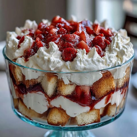 Layered strawberry shortcake trifle with fresh berries and whipped cream in glass bowl.  