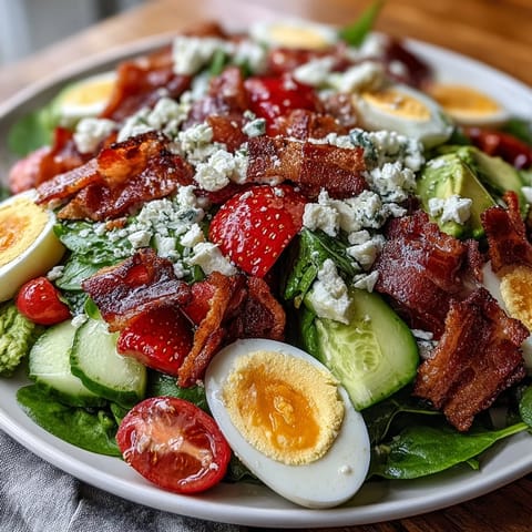 Fresh Spring Cobb Salad with Strawberries and Avocado, a colorful mix of greens, berries, and creamy avocado for a light, nutritious meal.