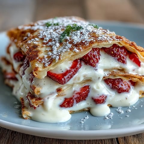 Layered strawberry crepe cake with delicate crepes, fresh strawberries, and creamy vanilla filling.