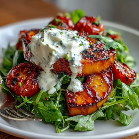 Grilled peach and burrata salad with arugula and balsamic glaze, a vibrant summer dish.  