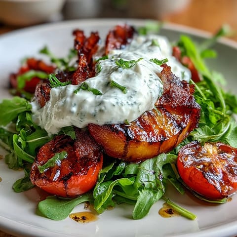Sweet grilled peaches paired with creamy burrata on peppery arugula, finished with tangy balsamic drizzle.  