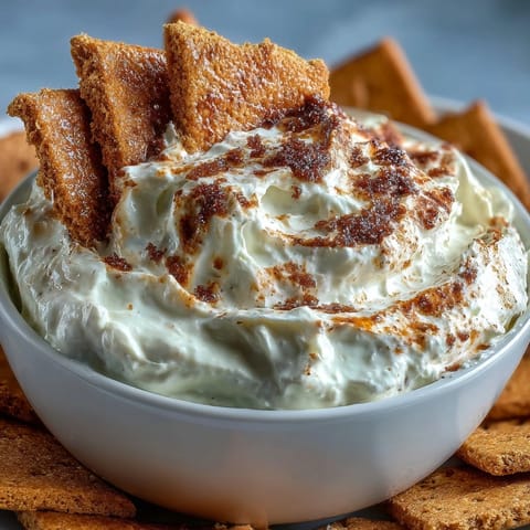 Sweet and smooth 3-ingredient cheesecake dip served with crunchy graham cracker pieces for dunking.
