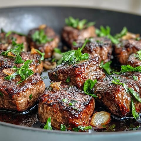 Juicy one-pan garlic herb steak bites sizzling with fresh parsley and thyme, perfect for a quick and flavorful dinner.  