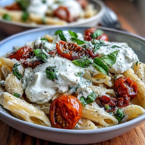 Creamy Caprese pasta with burrata, cherry tomatoes, and fresh basil in a light garlic olive oil sauce.  