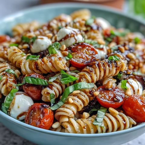 Vibrant Summer Pasta Salad with cherry tomatoes, mozzarella, and fresh basil in a light balsamic dressing.