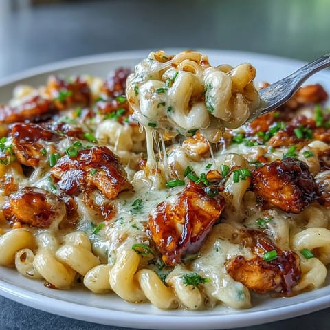 Honey BBQ Chicken Pasta Skillet shows golden chicken pieces and creamy cheddar macaroni in a cast iron pan, garnished with scallions and parsley.
