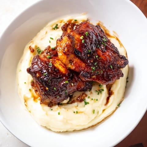 Golden brown Honey BBQ Chicken Thighs with glossy sauce, served with perfect garlic mashed potatoes.