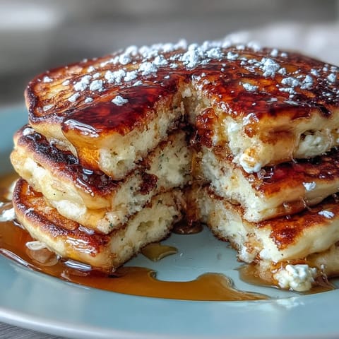 Fluffy lemon ricotta pancakes with golden edges, served with fresh berries and a drizzle of maple syrup.
