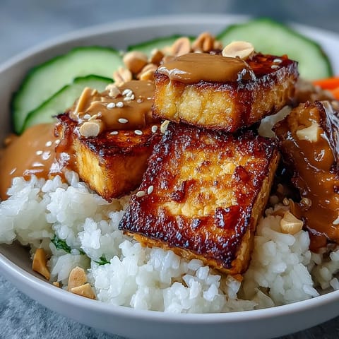 Crispy baked tofu cubes rest atop nutty brown rice, drizzled with creamy peanut sauce and colorful fresh vegetables.