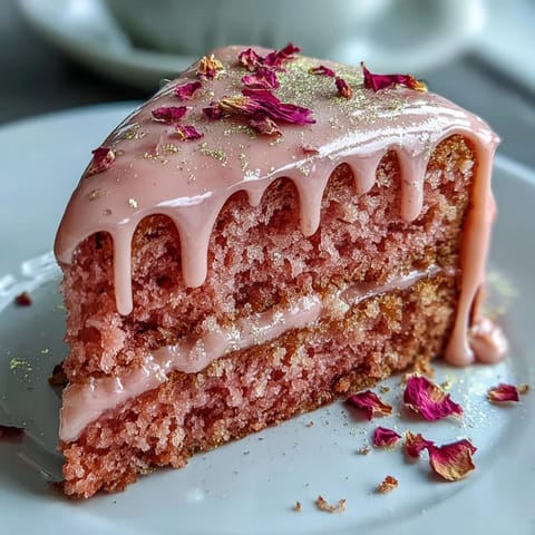 Elegant pink velvet cake infused with rosé wine, adorned with shimmering gold drip and perfect for bridal showers.