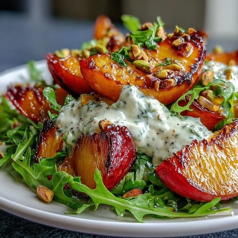 Vibrant grilled peach and burrata salad with honey dressing, ready to serve.
