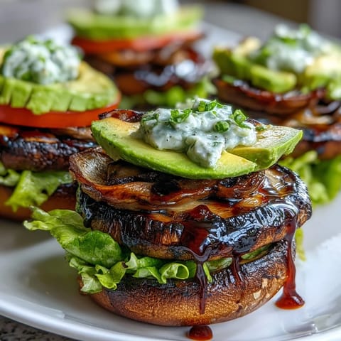 Hearty grilled portobello burgers showcasing creamy avocado and crisp lettuce.