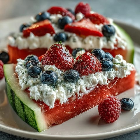 Vibrant watermelon starburst pizza with sweet berries and light whipped cream frosting.