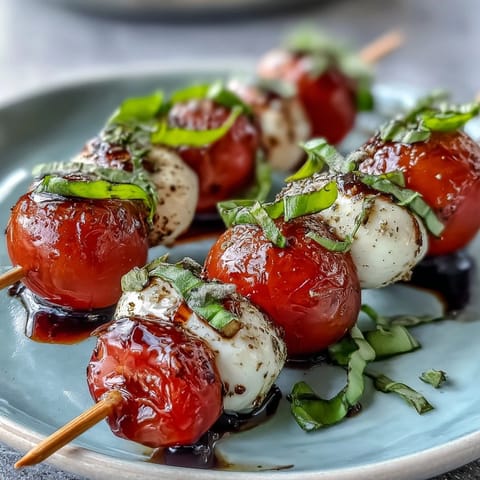 Mini Caprese salad skewers with balsamic glaze, bursting with fresh flavors.