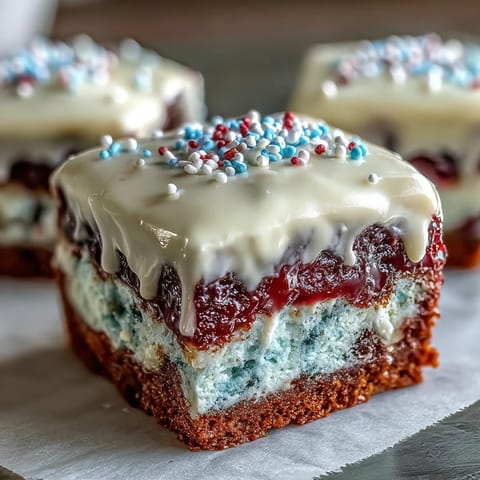 Moist Patriotic Poke Cake layered with colorful gelatin and rich white chocolate.