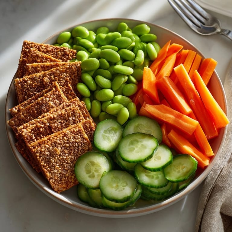 Imagine a Sushi-Inspired Snack Plate: earthy edamame pods nestle around neat cracker stacks.