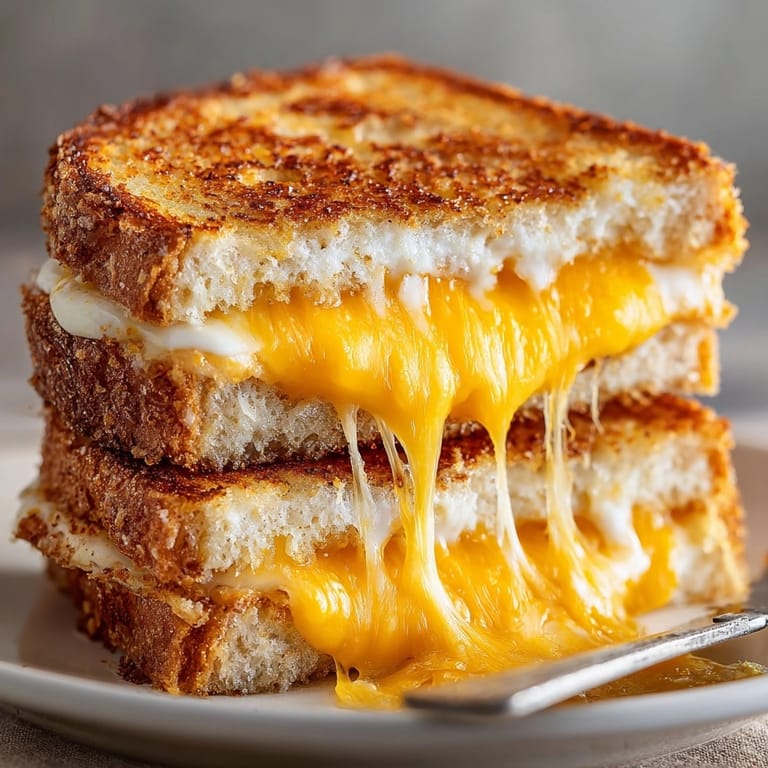Warm, cheesy Grilled Cheese Sandwich, delicious and simple, sliced and showing melted, gooey filling.