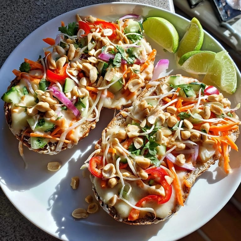 Homemade Thai Peanut Veggie Pizza Bagels on a parchment-lined sheet before baking.