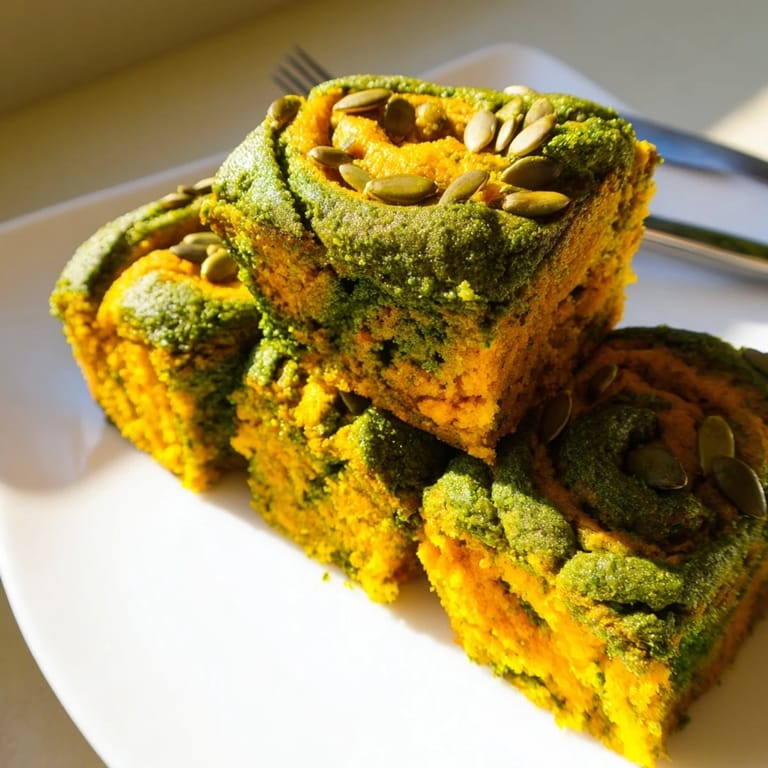Freshly baked matcha pumpkin mini loaves, vibrant green against golden pumpkin hues.  