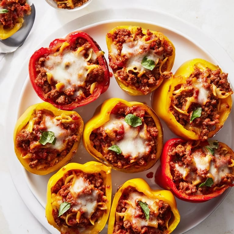 Colorful mini peppers filled with rich lasagne soup, perfect for bite-sized indulgence.  
