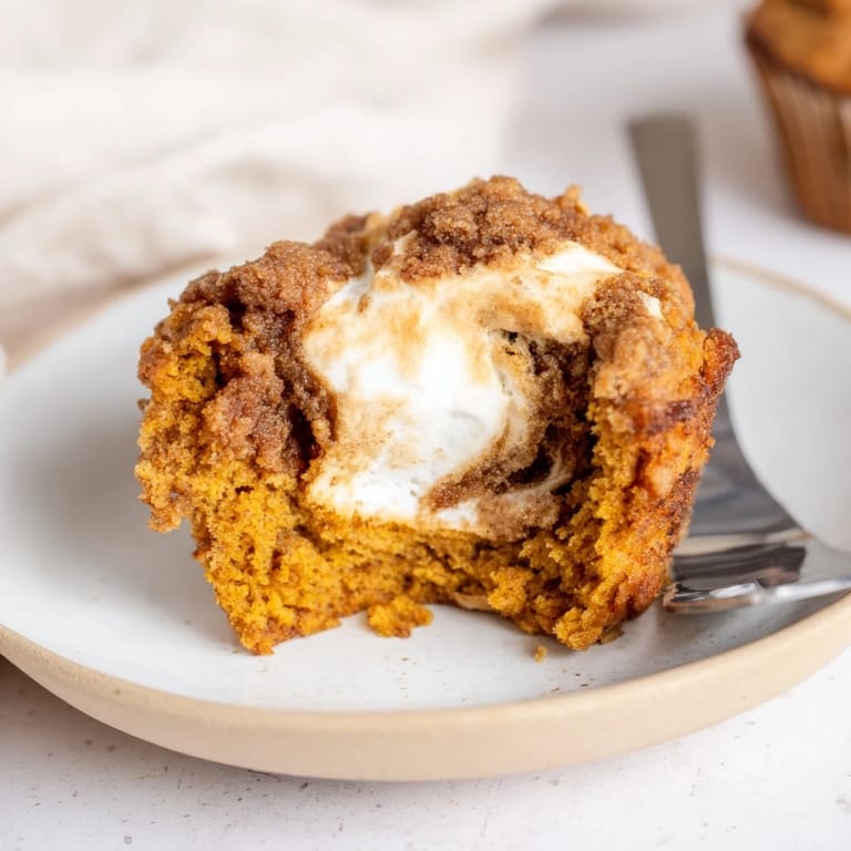 Golden-brown pumpkin muffins with a creamy marshmallow swirl, deliciously satisfying for any snack.