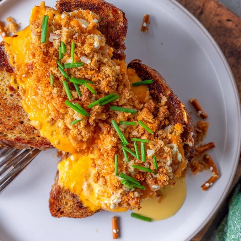Golden brown Cheddar Pretzel French Toast with a crunchy pretzel crust, perfect for brunch.  