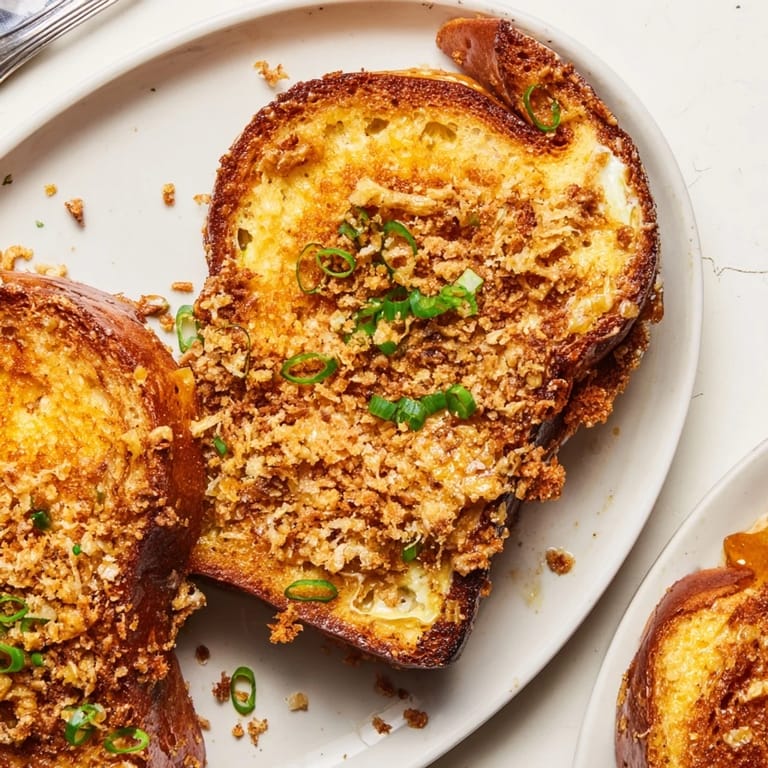 Delicious Cheddar Pretzel French Toast served with scallions and a dash of mustard.