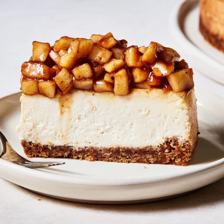 Decadent cinnamon apple bourbon cheesecake, perfect for festive gatherings and cozy desserts.