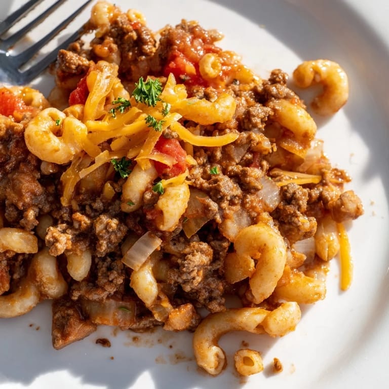 Rich tomato sauce enveloping elbow macaroni in this classic Grandma’s Goulash dish.